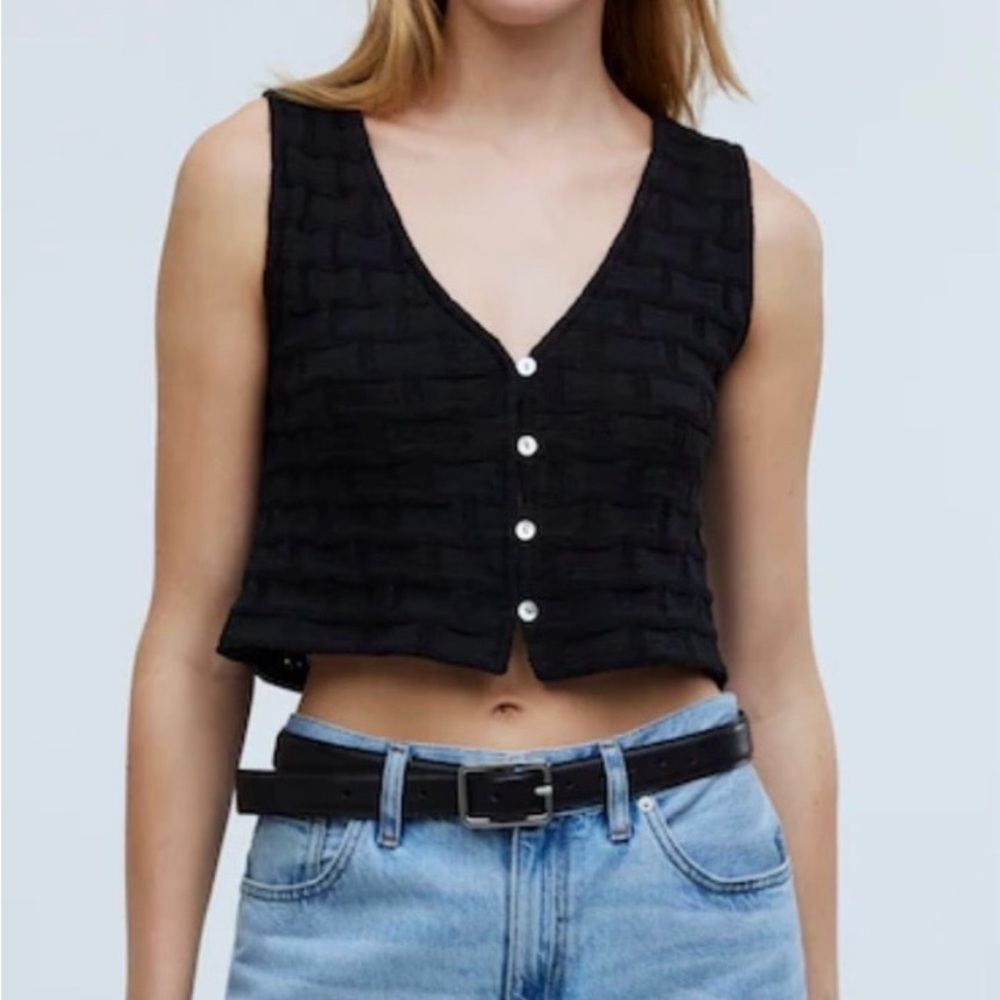 Madewell Black Textured Button-Front Cropped Tank Top